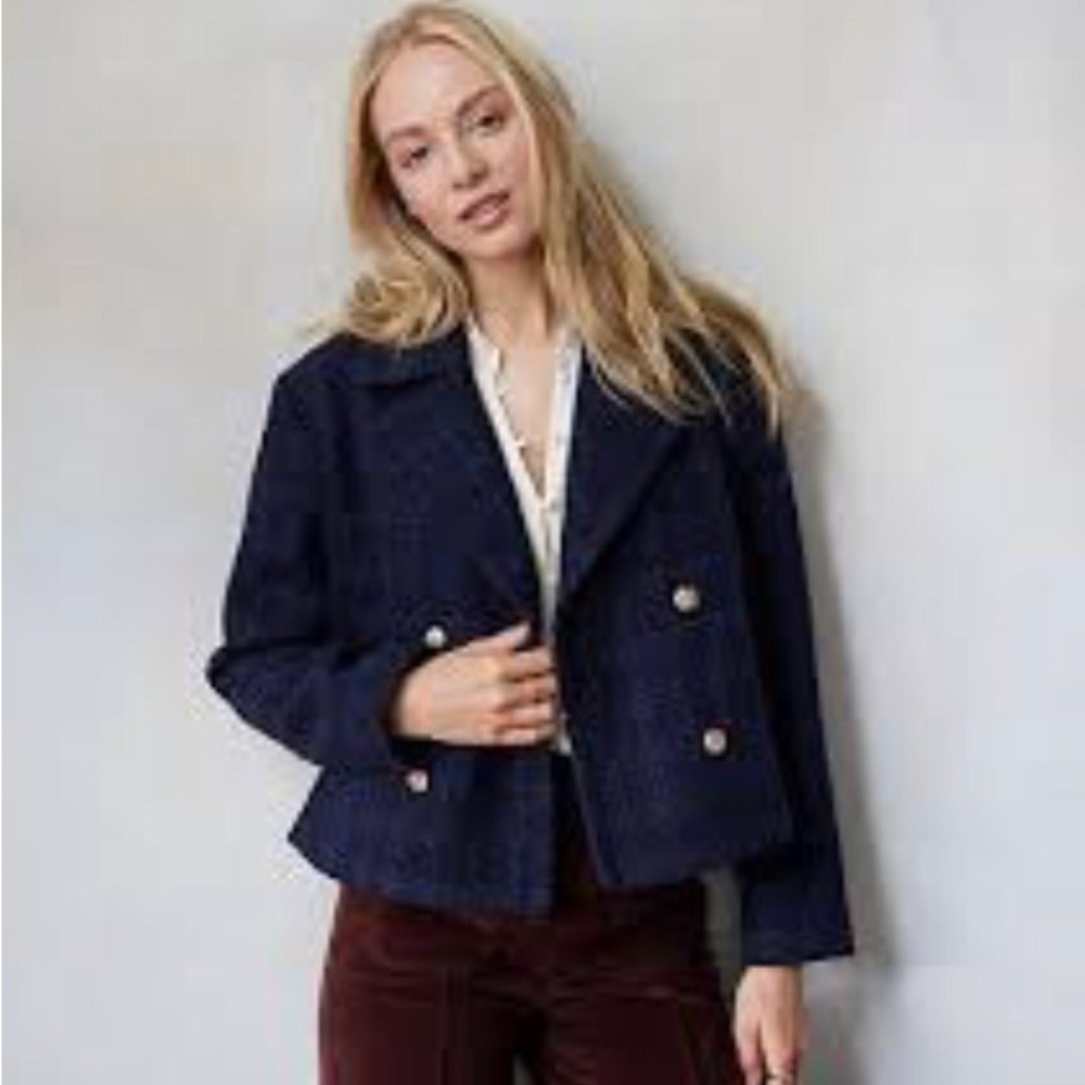 LC‎ Lauren Conrad Women's XXL Seaborne Jacket Navy Blue Plaid Gold Button NEW